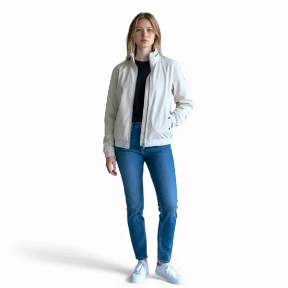 Pull & Bear Faux Leather Bomber Jacket Size 8-10 Off White w/Zipper Rain hood - Picture 5 of 13